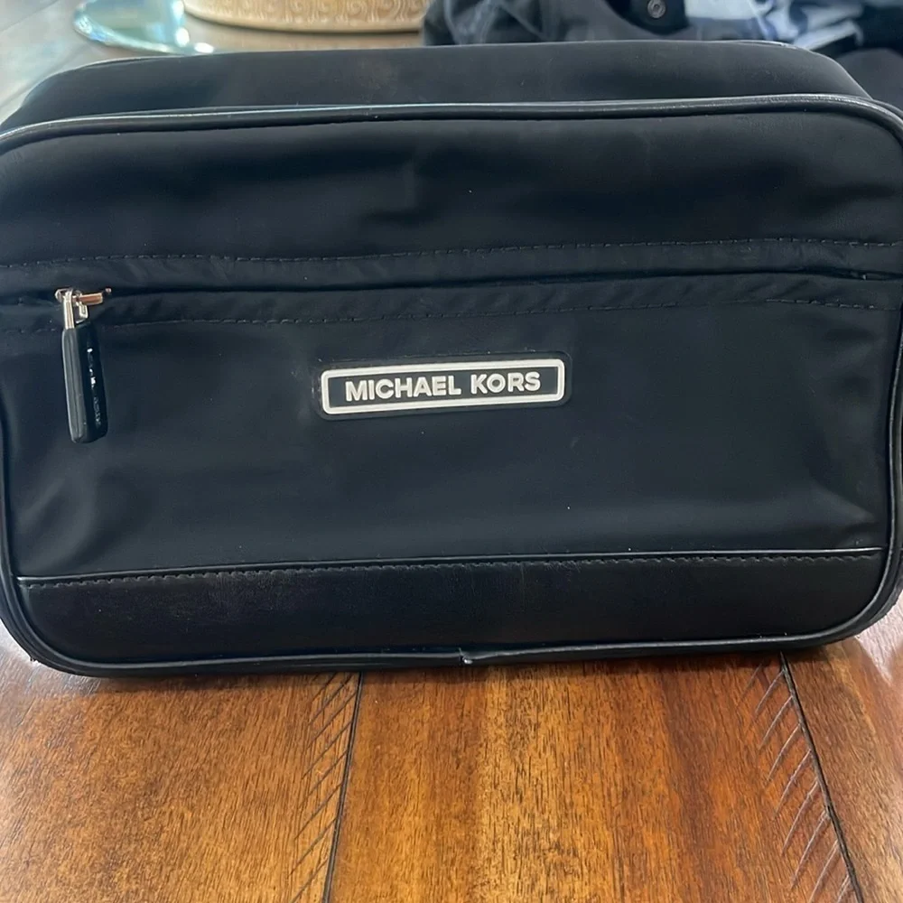 Michael Kors black white nylon camera crossbody bag webbing logo strap